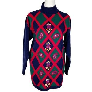VNT Robert Scott Lambswool Sweater Embroidered  Size S Blue Red Green Yellow